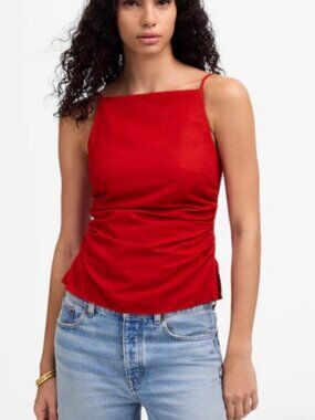 Madewell Ruched Squareneck Tank in Linen-Cotton (Red - size 10)